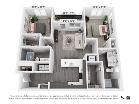 Floor plan for 2 beds, 2 baths, 1064 sqft